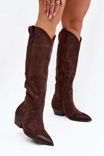 Stivali alti in ecopelle scamosciata stile cowboy con tacchi color cioccolato Jenaya 2