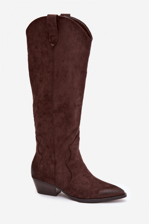 Stivali alti in ecopelle scamosciata stile cowboy con tacchi color cioccolato Jenaya