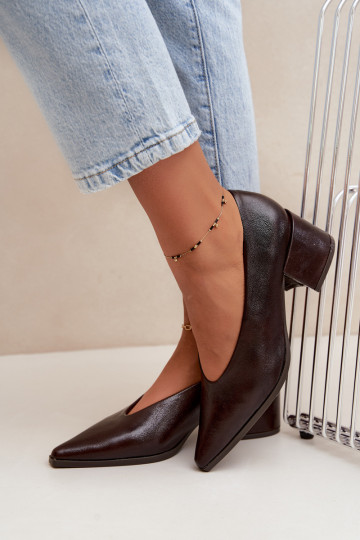 Scarpe con punta affusolata e tacchi quadrati in ecopelle color marrone scuro Lavisa