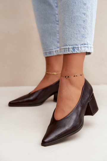Scarpe con punta affusolata e tacchi quadrati in ecopelle color marrone scuro Lavisa 2
