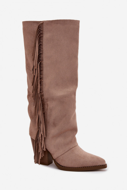 Stivali alti color sabbia in stile cowboy con tacco e frange Tivara