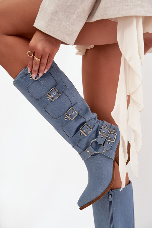 Stivali alti in denim in stile cowboy con tacco e fibbie Fivelle