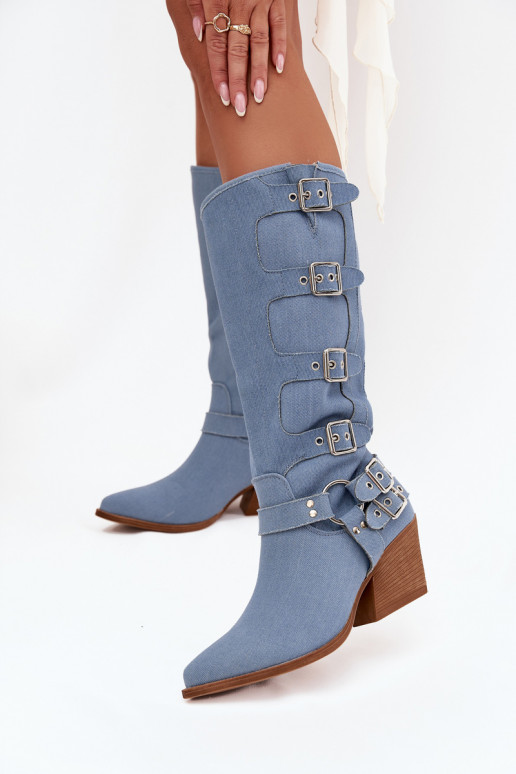 Stivali alti in denim in stile cowboy con tacco e fibbie Fivelle