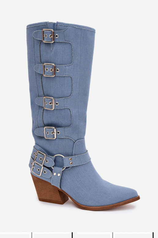 Stivali alti in denim in stile cowboy con tacco e fibbie Fivelle