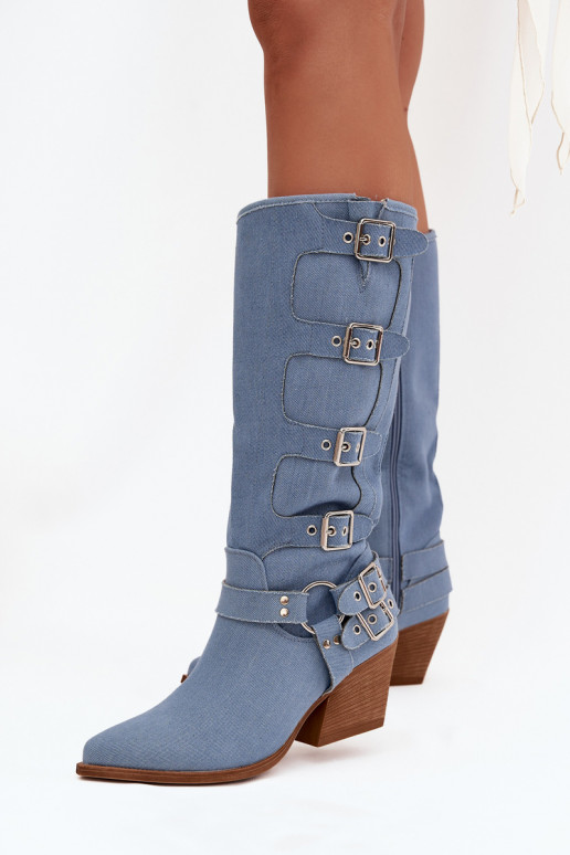 Stivali alti in denim in stile cowboy con tacco e fibbie Fivelle