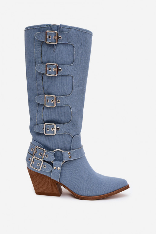 Stivali alti in denim in stile cowboy con tacco e fibbie Fivelle