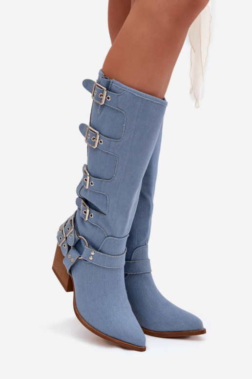 Stivali alti in denim in stile cowboy con tacco e fibbie Fivelle
