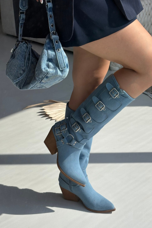 Stivali alti in denim in stile cowboy con tacco e fibbie Fivelle