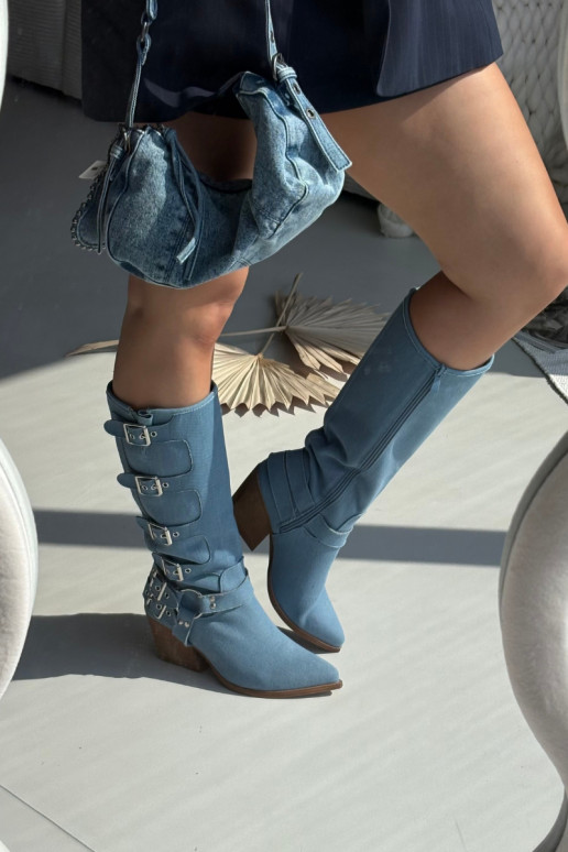 Stivali alti in denim in stile cowboy con tacco e fibbie Fivelle