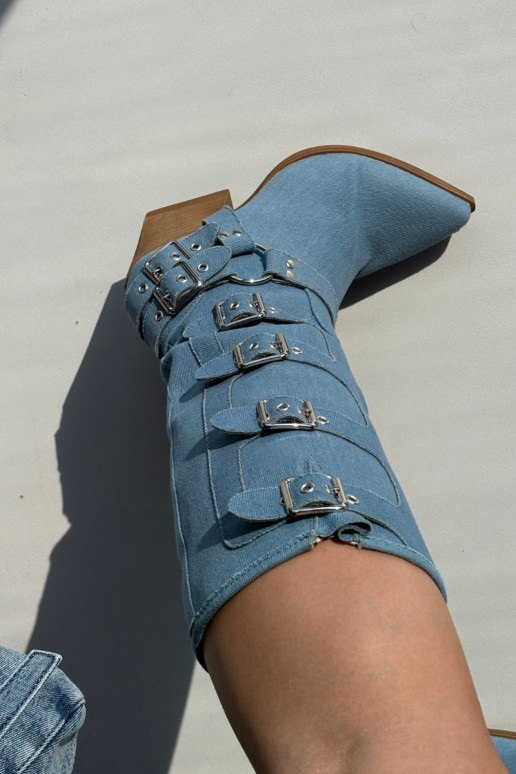 Stivali alti in denim in stile cowboy con tacco e fibbie Fivelle