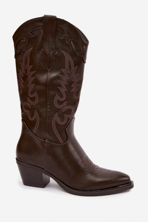 Stivali alti in stile cowboy con tacco in pelle sintetica color cioccolato Jarissa