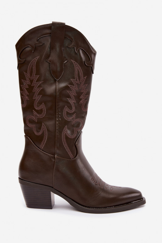 Stivali alti in stile cowboy con tacco in pelle sintetica color cioccolato Jarissa
