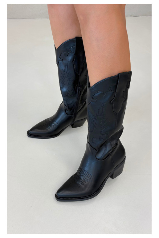 Stivali alti in stile cowboy con tacco in pelle sintetica nera Jarissa