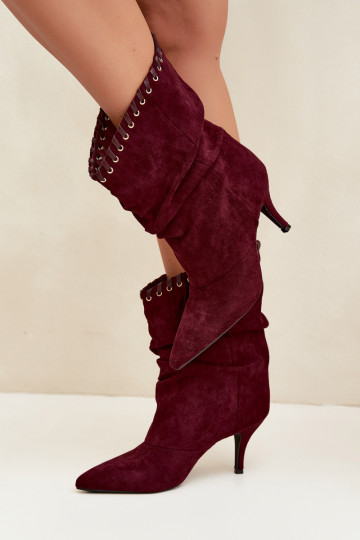 Stivaletti arricciati con tacchi sottili color bordeaux Herella
