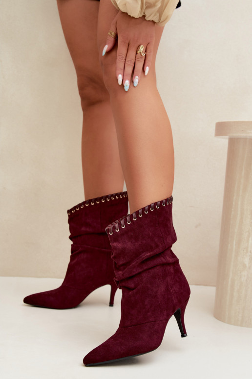 Stivaletti arricciati con tacchi sottili color bordeaux Herella