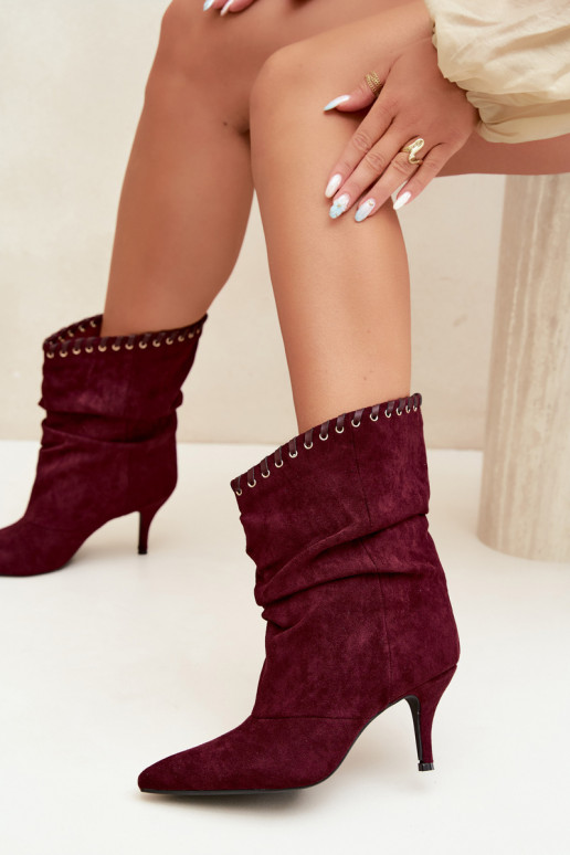 Stivaletti arricciati con tacchi sottili color bordeaux Herella
