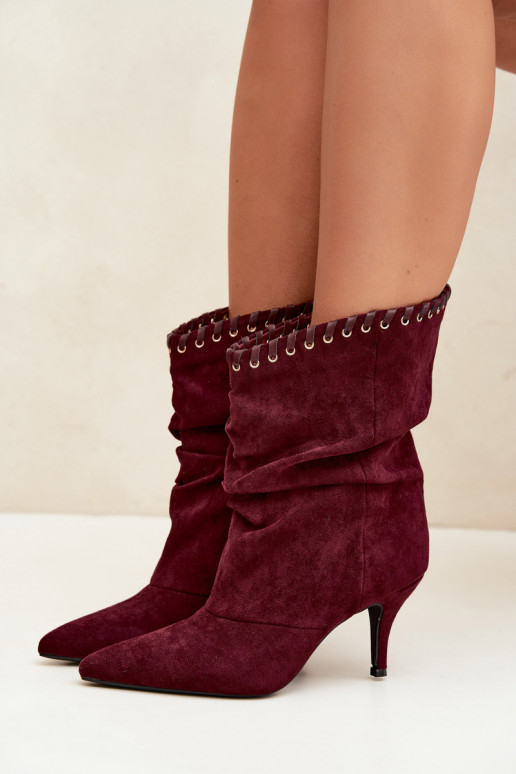 Stivaletti arricciati con tacchi sottili color bordeaux Herella
