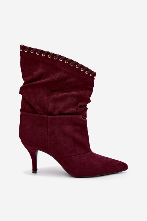 Stivaletti arricciati con tacchi sottili color bordeaux Herella