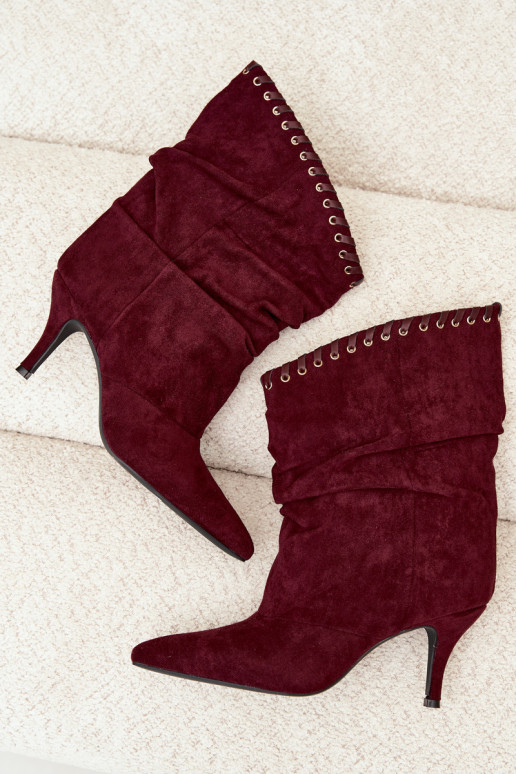 Stivaletti arricciati con tacchi sottili color bordeaux Herella