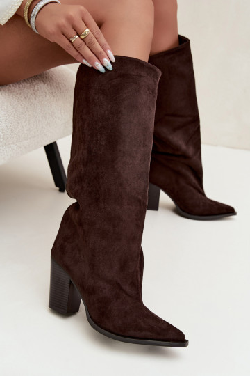 Stivali donna al ginocchio slip-on con tacco in suede sintetico color cioccolato Carmina