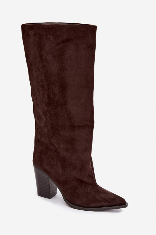 Stivali donna al ginocchio slip-on con tacco in suede sintetico color cioccolato Carmina