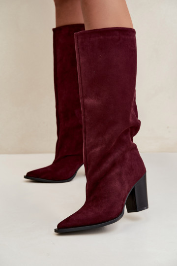 Stivali donna al ginocchio slip-on con tacco in suede sintetico color bordeaux Carmina