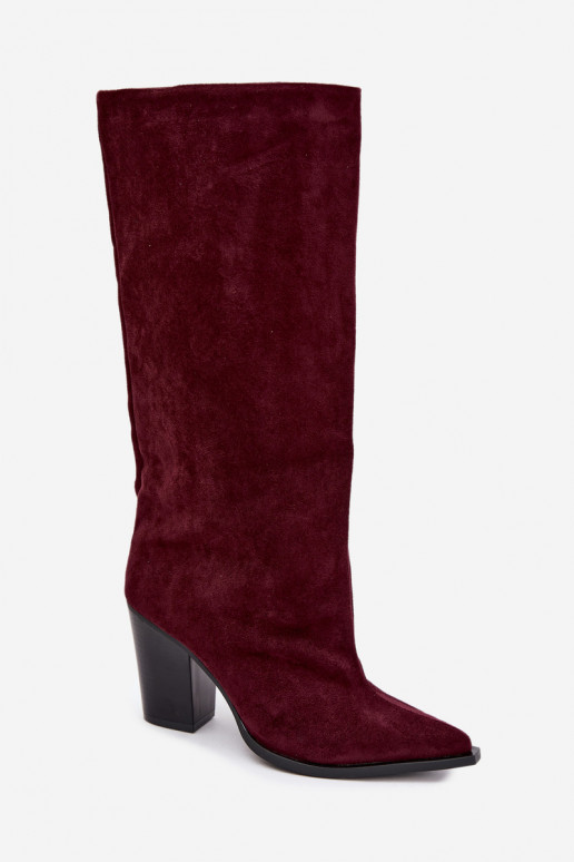 Stivali donna al ginocchio slip-on con tacco in suede sintetico color bordeaux Carmina