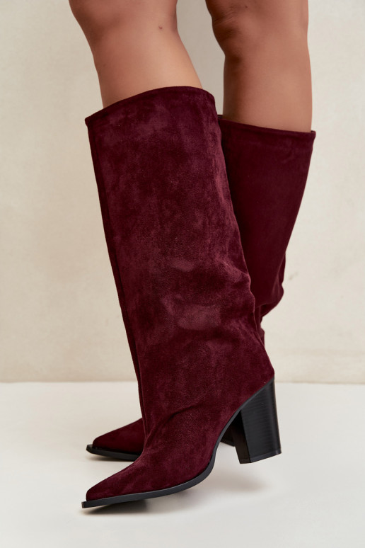 Stivali donna al ginocchio slip-on con tacco in suede sintetico color bordeaux Carmina