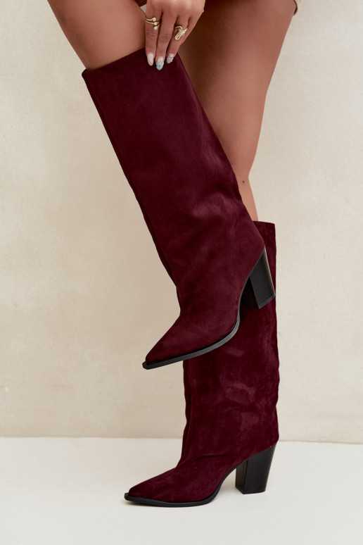 Stivali donna al ginocchio slip-on con tacco in suede sintetico color bordeaux Carmina
