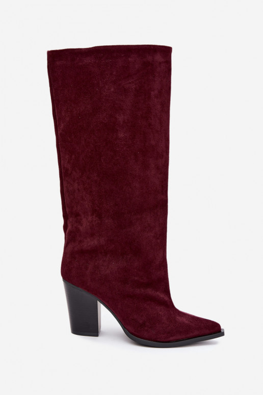 Stivali donna al ginocchio slip-on con tacco in suede sintetico color bordeaux Carmina