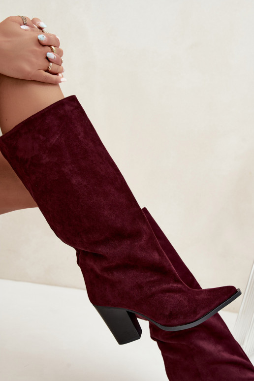 Stivali donna al ginocchio slip-on con tacco in suede sintetico color bordeaux Carmina
