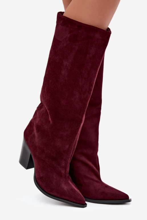 Stivali donna al ginocchio slip-on con tacco in suede sintetico color bordeaux Carmina