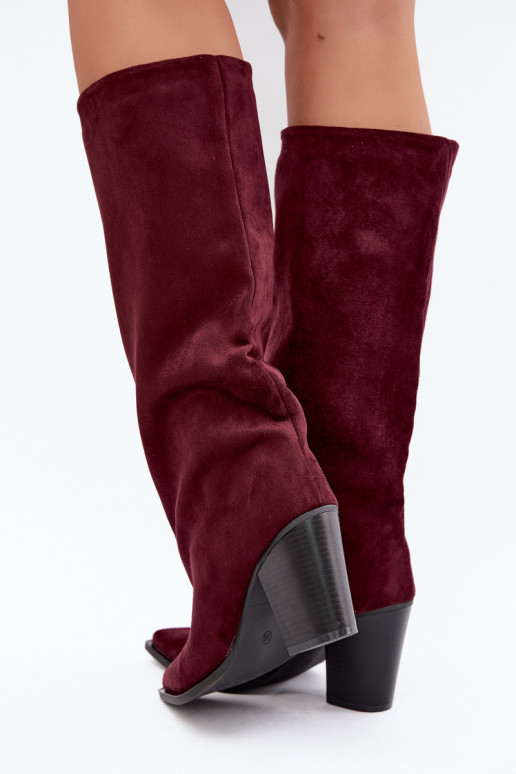 Stivali donna al ginocchio slip-on con tacco in suede sintetico color bordeaux Carmina