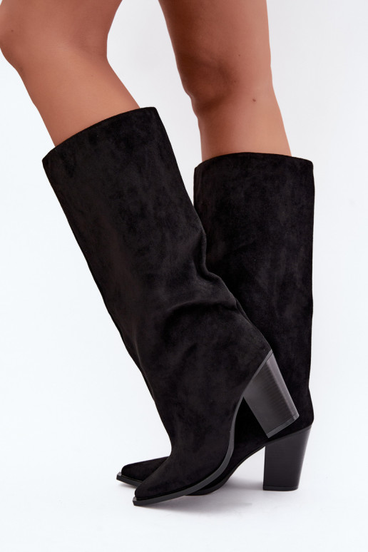 Stivali donna al ginocchio slip-on con tacco in suede sintetico color nero Carmina