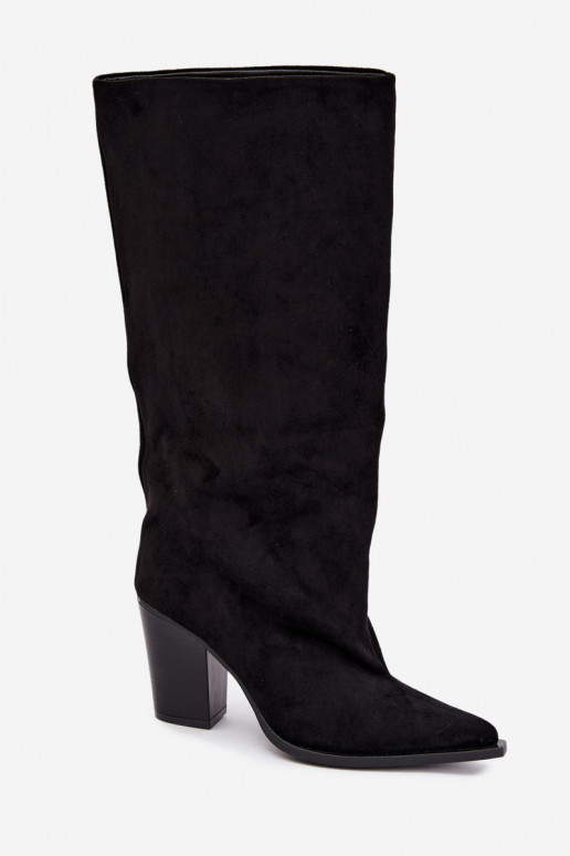 Stivali donna al ginocchio slip-on con tacco in suede sintetico color nero Carmina