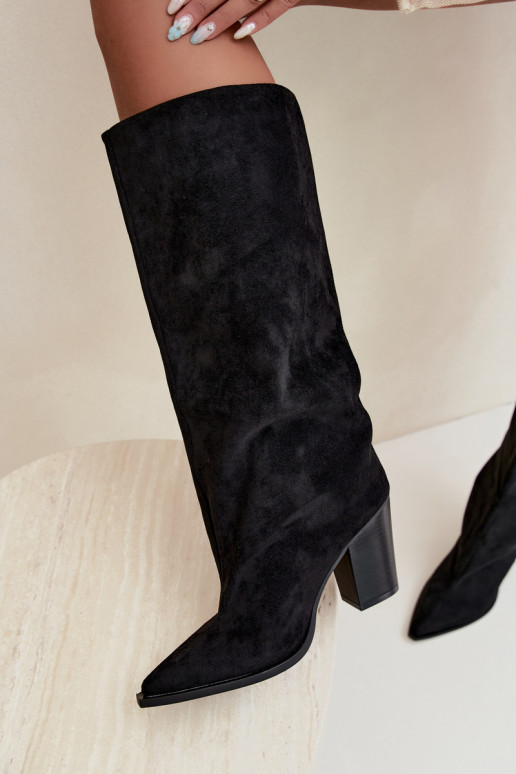 Stivali donna al ginocchio slip-on con tacco in suede sintetico color nero Carmina