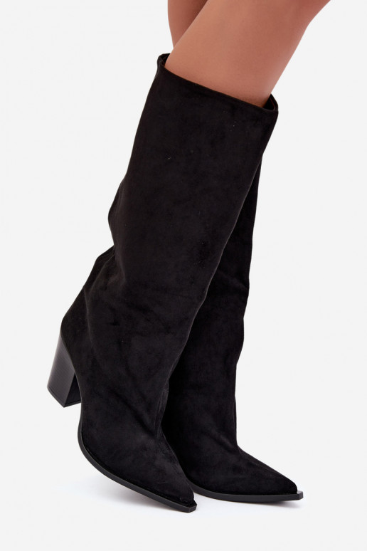 Stivali donna al ginocchio slip-on con tacco in suede sintetico color nero Carmina
