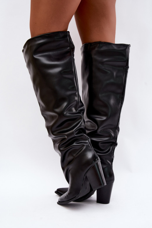 Stivali alti da donna con tacco in stile slip-on in ecopelle nera Anica