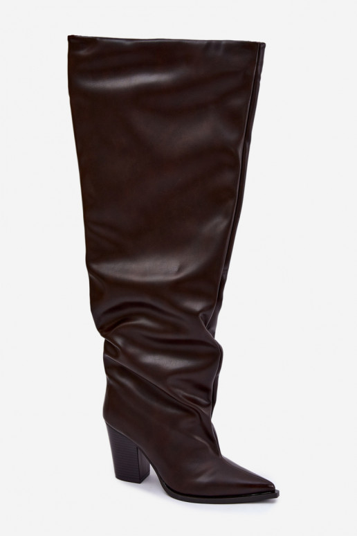Stivali alti da donna con tacco in stile slip-on in ecopelle color cioccolato Anica
