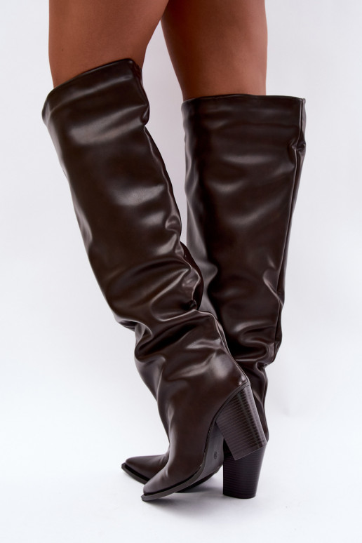 Stivali alti da donna con tacco in stile slip-on in ecopelle color cioccolato Anica