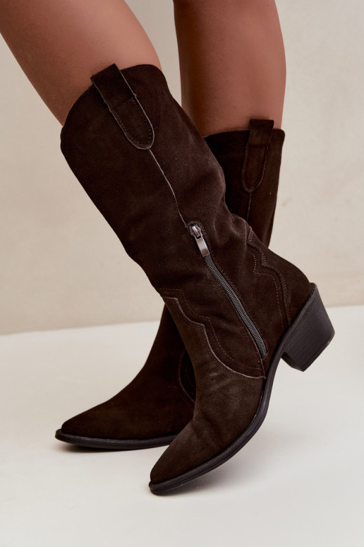 Stivali alti in stile cowboy in suede naturale con isolamento e tacco in colore cioccolato Radley