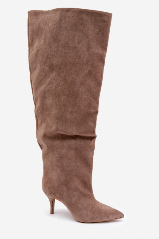 Stivali alti da donna slip-on con tacchi sottili color khaki Corly