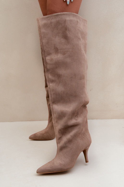 Stivali alti da donna slip-on con tacchi sottili color khaki Corly