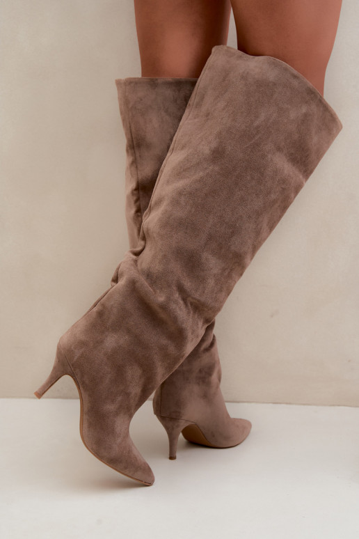 Stivali alti da donna slip-on con tacchi sottili color khaki Corly