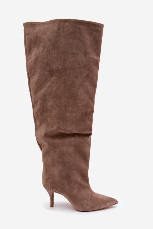 Stivali alti da donna slip-on con tacchi sottili color khaki Corly
