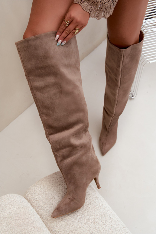 Stivali alti da donna slip-on con tacchi sottili color khaki Corly