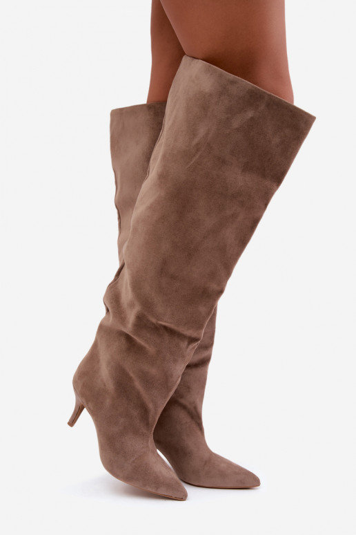 Stivali alti da donna slip-on con tacchi sottili color khaki Corly