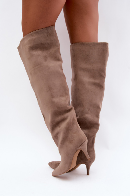 Stivali alti da donna slip-on con tacchi sottili color khaki Corly