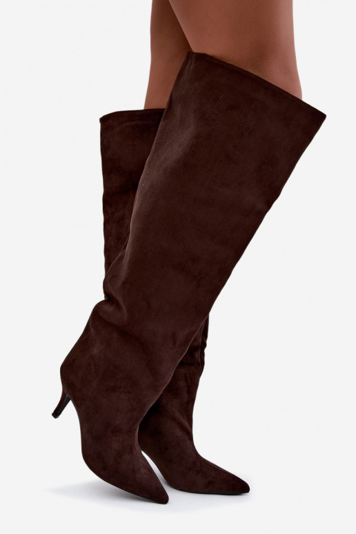 Stivali alti da donna slip-on con tacchi sottili color cioccolato Corly