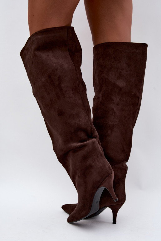 Stivali alti da donna slip-on con tacchi sottili color cioccolato Corly